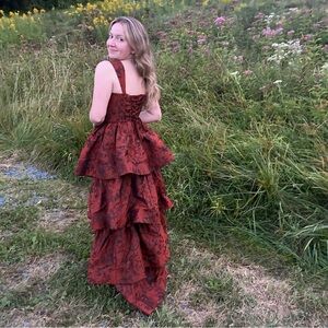 Size 2 rust color ruffle tiered gown corset bodice prom wedding guest dress